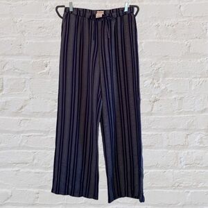 Blue Linen Wide Leg Striped Higher Rise Blend Drawstring Pants Summer Beach